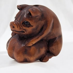 Early Signed Hand Carved Japanese Boxwood Netsuke Of A Pig And Pumpkin