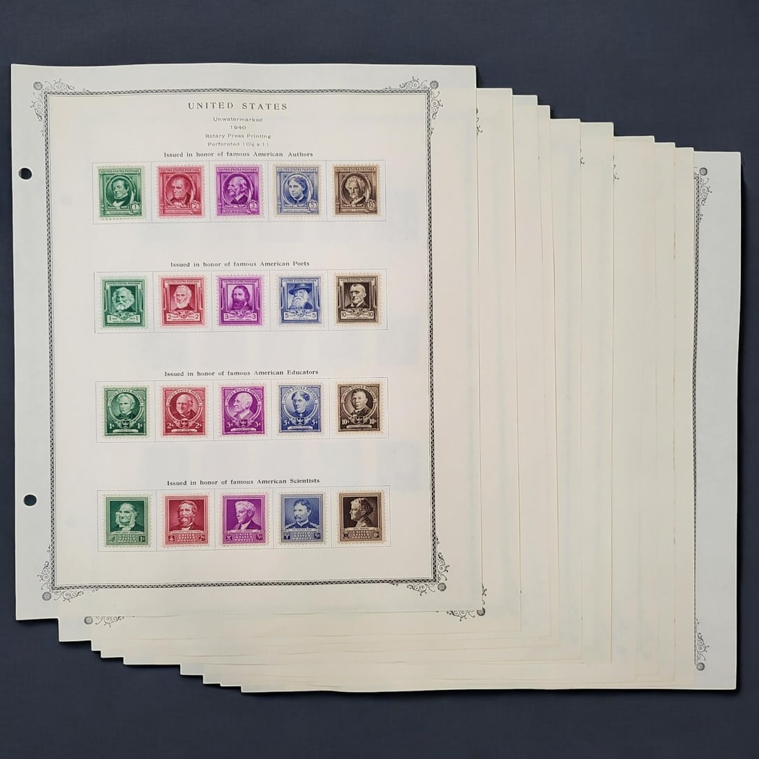 Scotts American Stamps Album United States 1940-1949 Unused, 11 Pages: Scotts American Stamps Album United States 1940-1949 Unused, 11 Pages. All stamps on each page are accounted for. Posted on 9-1/2" x 11-1/2" paper from the Scotts American Stamps Album. Pleas