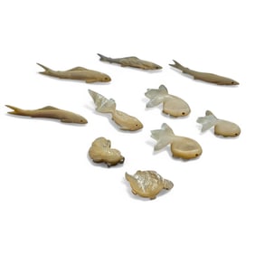 Grouping Of 10 Finely Carved Mother Of Pearl Fish And A Turtle, Likely Oriental