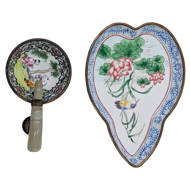 Pair Of Hand Painted Chinese Enamel And Jade Belt Hook Qing Dynasty (1 of 16)