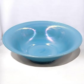 Vintage Jade Blue Iridescent Stretch Glass Bowl, Unmarked