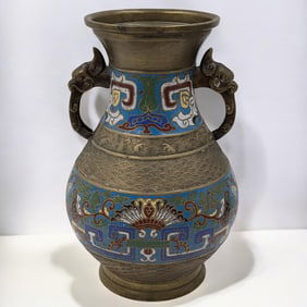 An Antique Japanese Bronze Champleve Vase With Figural Handles