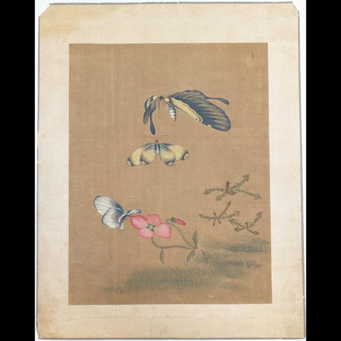 An Old Chinese Butterfly Painting On Silk, Stamped On Back: An Old Chinese Butterfly Painting On Silk, Stamped On Back. Measures approx. 13" X 10 1/4". From the consignor: My childhood was rich in culture, filled with art, education, and interactions with peop