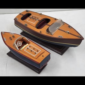 A Pair Of Vintage Wooden Handmade Model Speedboats