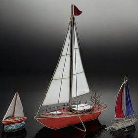 Lot Of Vintage Handmade Model Sailboats LIMOGES Trinket Box & Others, 3 Pieces
