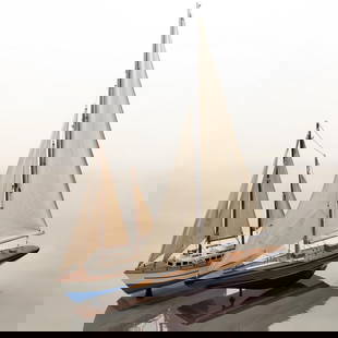 A Fine Vintage Pair Of Wooden Model Sailboats: A Fine Vintage Pair Of Wooden Model Sailboats. Small measures approximately 16" x 22", large measures approximately 24-1/2" x 35-1/4" Please copy and paste the URL link below to review our Te