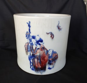 A Fine Chinese Blue And White Porcelain Brush Pot With Calligraphy Iron Red Underglaze