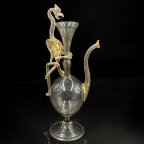 Early Hand Blown Venetian Glass Ewer With Bird Handle, Possibly Murano, Unmarked