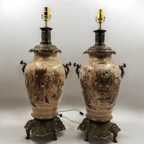 RARE Pair Of Antique Japanese Satsuma Lamps / Vases Mounted On Bronze, 19th C
