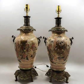 RARE Pair Of Antique Japanese Satsuma Lamps / Vases Mounted On Bronze, 19th C (1 of 20)