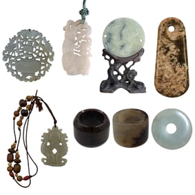A Grouping Of Finely Carved Chinese Jade Pendants & Archer's Rings, 8 Pieces