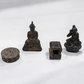 Lot Of 4 Early Asian Pieces, Two Seated Buddha Figures, Stone Seal, And Enamel / Silver Snuff Box