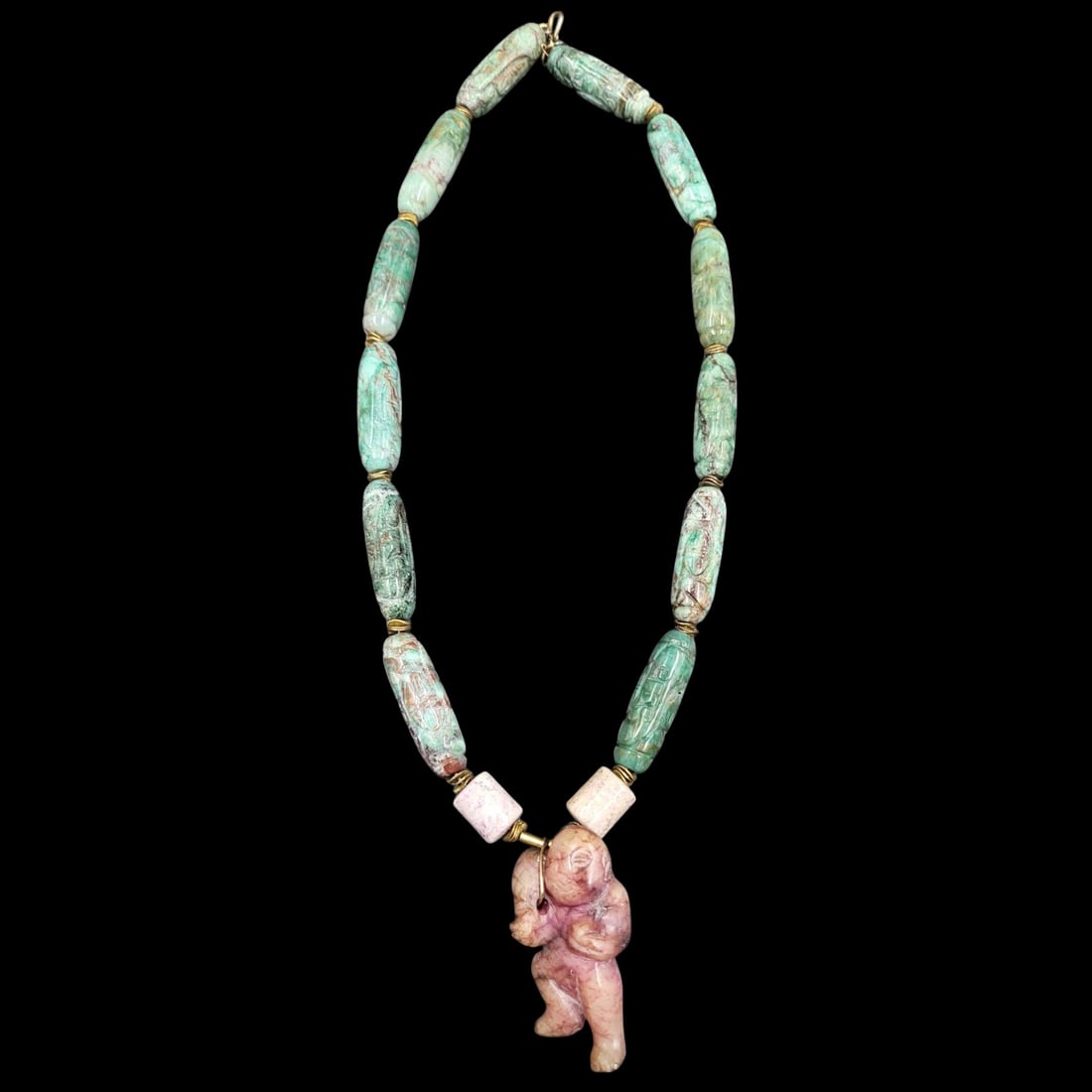 A Chinese Jade Carved Beaded Qing Pendant: **DUE TO THIS LOT BEING JEWELRY IT MUST BE PAID VIA BANK WIRE TRANSFER OR CERTIFIED CHECK.** A Chinese Jade Carved Beaded Qing Pendant. Measures approximately 12" clasped. Please copy