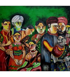 Indian Painting Oil On Canvas Attributed To Laxma Goud, NO COA: ***RE-LISTED DUE TO BUYER FORFEITING THE ITEM*** ***We at RBFineArts can only attribute this work to the artist, We are not an authentication service. We can only declare the work as attributed to***I