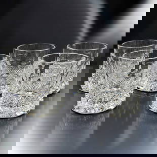 Lot Of 5 Beautiful Cut Glass Whiskey Tumblers, Unmarked: Lot Of 5 Beautiful Cut Glass Whiskey Tumblers, Unmarked. Measures approx. 2 3/4" X 2 1/4". Please copy and paste the URL link below to review our Terms and Conditions for bidding, payment,