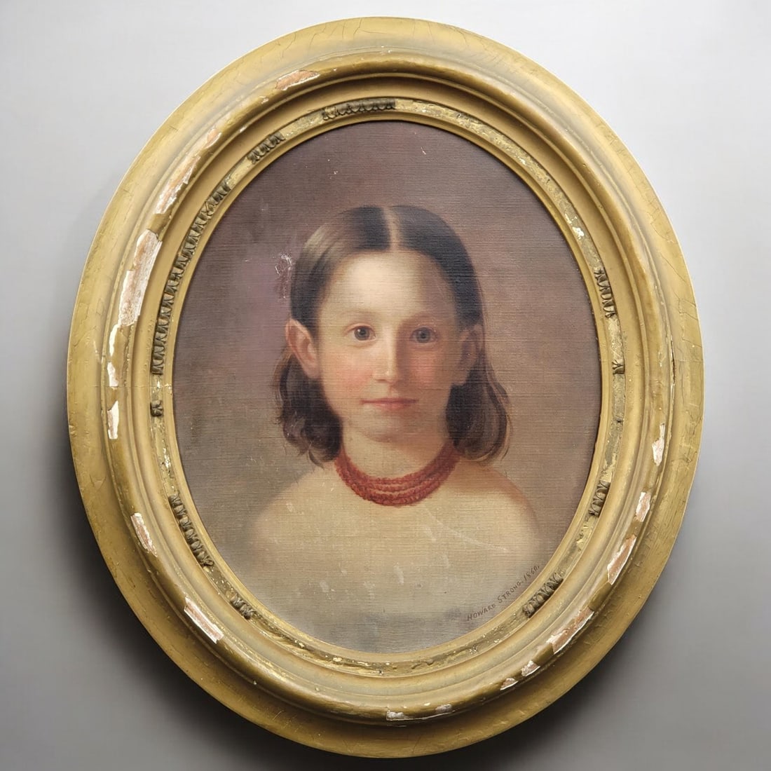 An Early American 19th C. Oil On Canvas Oval Portrait Painting, Signed "Howard Strong" Circa 1860 (1 of 13)