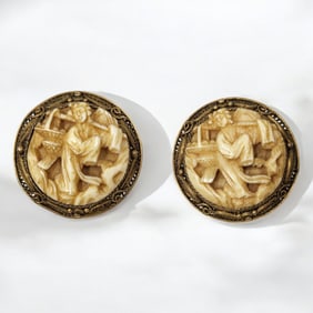 A Fine Pair Of Chinese Bone Carved & Silver Earrings