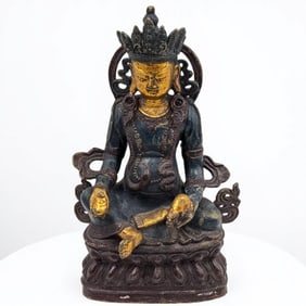 An Early Tibetan Gilt And Painted Bronze Seated Amitayus Buddha