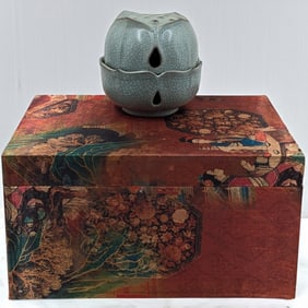 Chinese Song Style Ge Kiln Celadon Ceramic Incense Burner With Signature, Two Pieces, In Ornate Box