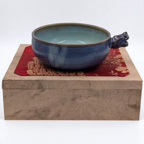 Chinese Jun Kiln Ceramic Brush Washer With Figural Spigot, Calligraphy On Bottom, Included Box