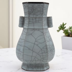 Chinese Song Style Celadon Guan Yao Vase With Bronze Rim And Calligraphy