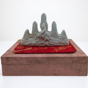 Chinese Song Style Ru Kiln Porcelain Figural Brush Rest With Ornate Box