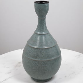 Chinese Song Style Ru Kiln Jade Pot Spring Bottle With Calligraphy And Bronze Rim