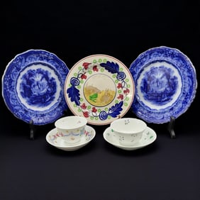 Spatter Rabbitware Ironstone Plate, Pair Of Flo Blue "VISTA" Plates, & Pair Of Early Cups W/ Saucers