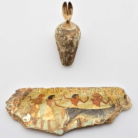 Pair Of Egyptian Items, Modern Digital Printed Fragment And An Early Carved Stone Canopic Jar