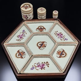 19th Century Chinese Export Armorial Sweet Meat Dish Set And A 3 Piece Porcelain Box Set