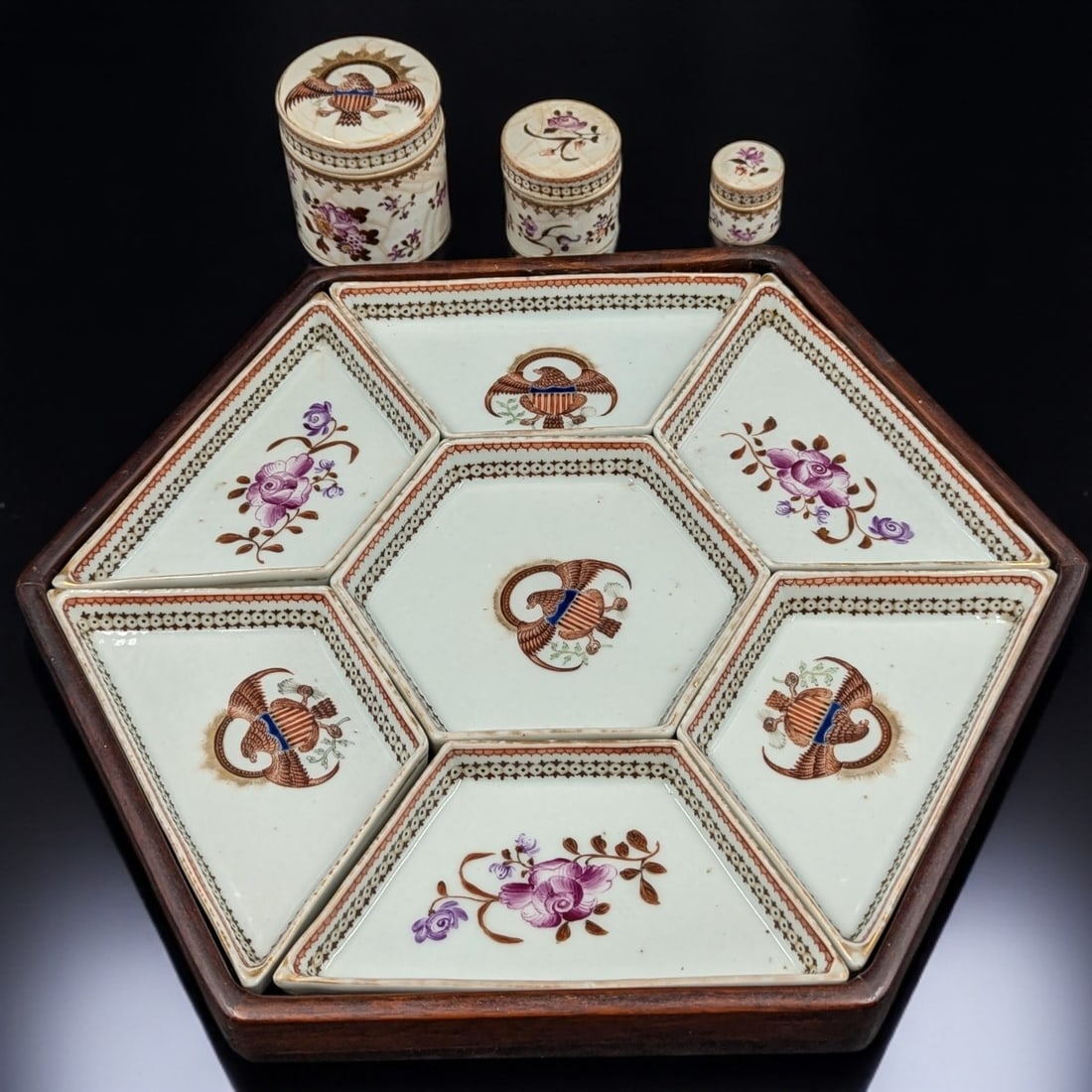 19th Century Chinese Export Armorial Sweet Meat Dish Set And A 3 Piece Porcelain Box Set (1 of 16)