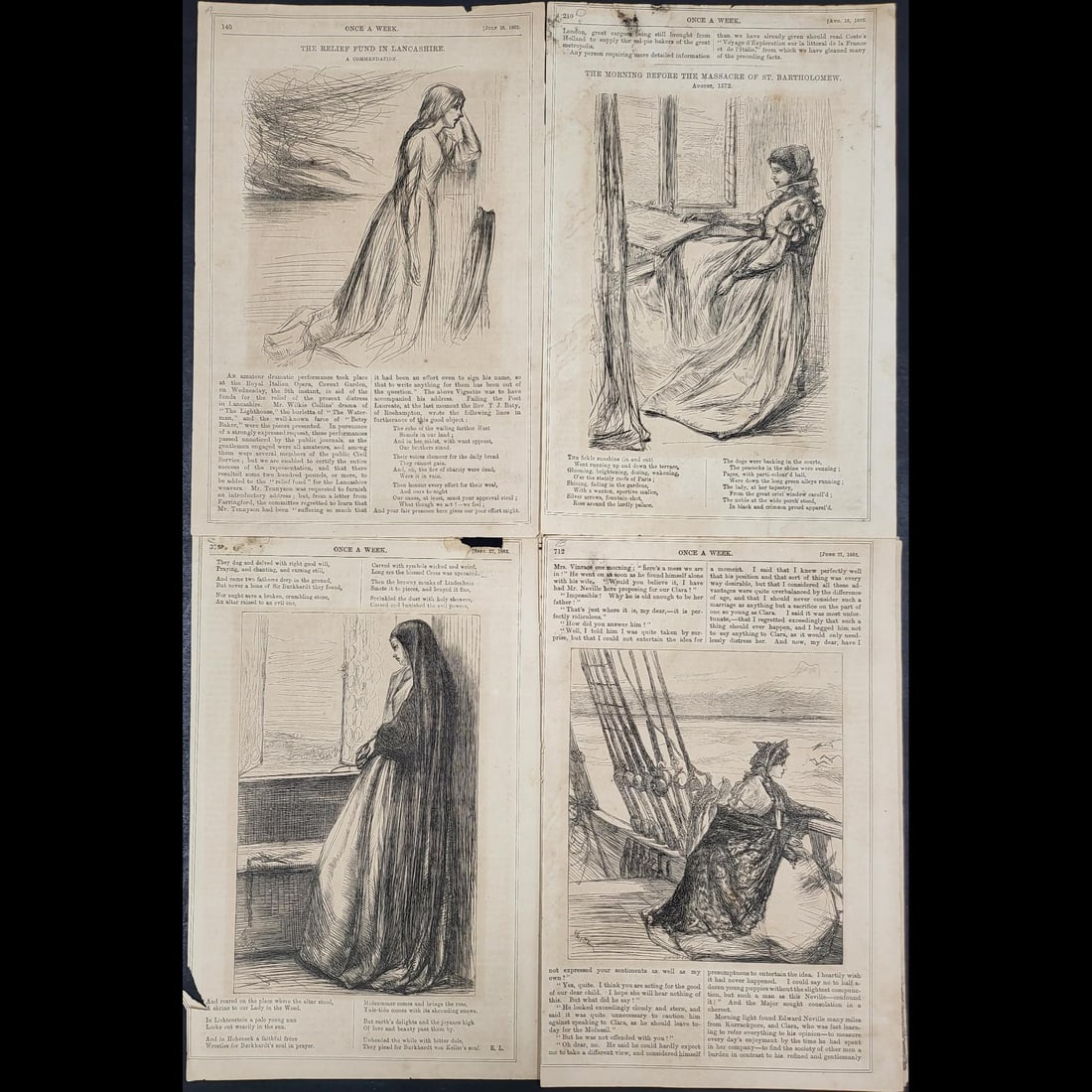 J. Whistler 19th C. Dry Point Etchings (4) Circa 1862 "Once A Week" Pages (1 of 10)