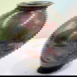 Vintage Signed Japanese Iridescent Raku Art Pottery Vase: Vintage Signed Japanese Iridescent Raku Art Pottery Vase. Measures approx. 8" X 7". Please copy and paste the URL link below to review our Terms and Conditions for bidding, payment, shippin