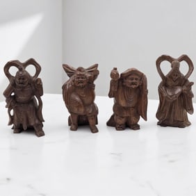 Lot Of 4 Vintage Carved Wooden Figures, Three Japanese Ebisu Figures And One Chinese