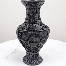 Vintage Chinese Black Cinnabar Dragon Vase
