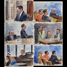 Set Of 6 Watercolor Courtroom Scene Paintings By Barbara Maxwell, William McCorkle Trial