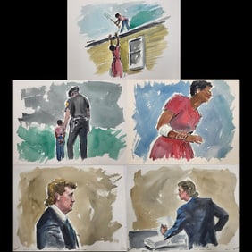 Set Of 5 Watercolor Courtroom Paintings By Barbara Maxwell, Gene Webb Trial & Narrative Scene