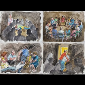 Set Of 4 Watercolor Courtroom Scene Paintings By Barbara Maxwell, Choices Counseling Center