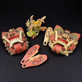 Trio Of Hand Carved Masks, One Clay South American Dragon & Pair Of Wooden Balinese NEEDS REPAIR