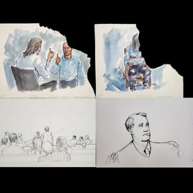 Set Of 4 Watercolor Courtroom Scene Paintings By Barbara Maxwell, Bertolotti Execution