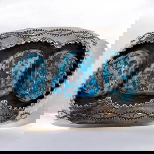 Judy Wallace Zuni Concho Silver And Turquoise Bracelet, Initialed JW, 117 Grams Total Weight: **DUE TO THIS LOT BEING SILVER IT MUST BE PAID VIA BANK WIRE TRANSFER OR CERTIFIED CHECK.**Vintage Navajo Concho Silver And Turquoise Bracelet, Initialed JW, 117 Grams Total Weight. Measures approx. 2