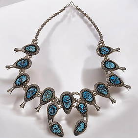 371 Grams Native American Navajo Turquoise Turle Sterling Silver Squash Blossom Necklace 371 Grams Native American Navajo Turquoise Turle Sterling Silver Squash Blossom Necklace