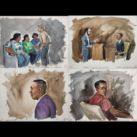 Set Of 4 Watercolor Courtroom Scene Paintings By Barbara Maxwell, Osceola 1993 Carjacking Trial