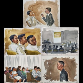 Set Of 5 Watercolor Courtroom Scene Paintings By Barbara Maxwell, Osceola 1993 Carjacking Trial