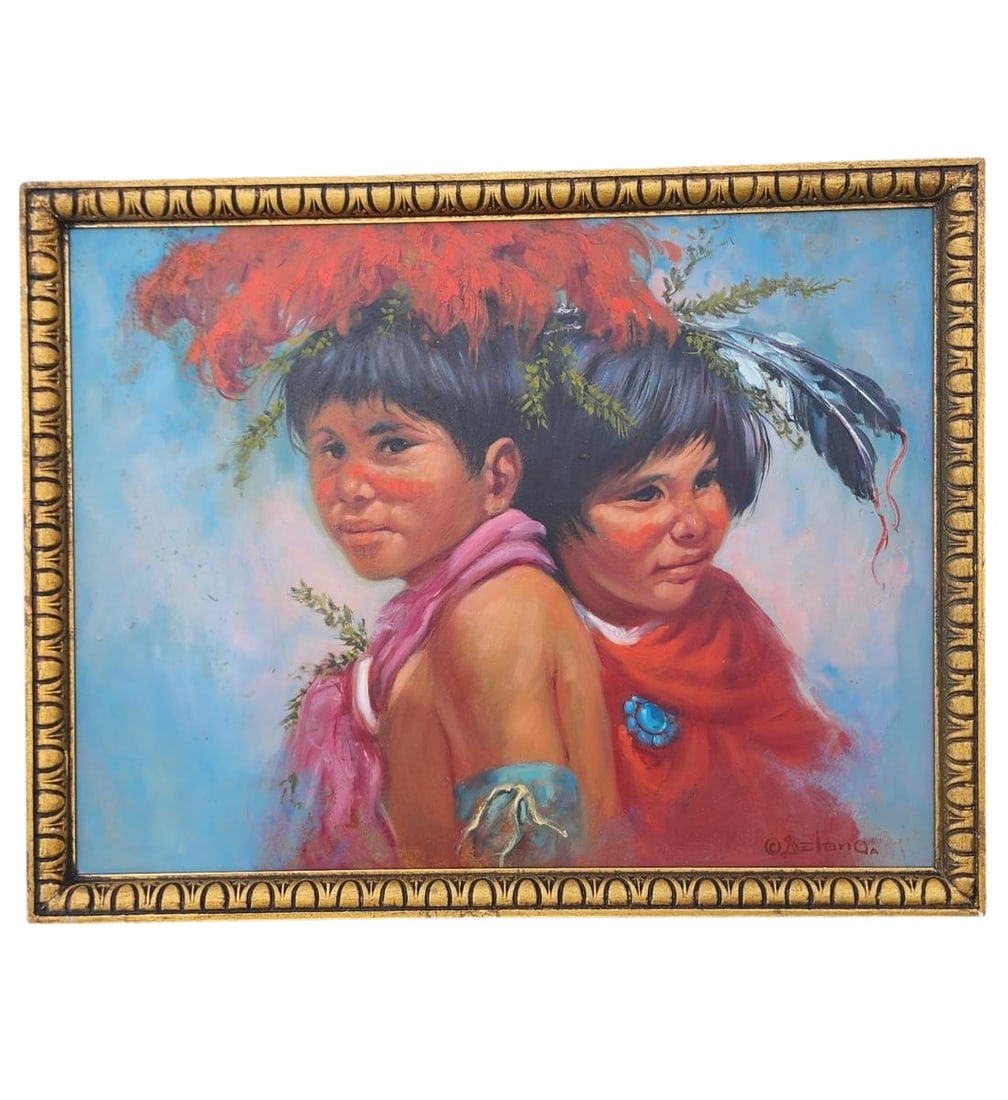Colorado, Illinois Mass American-Gerard Curtis Delano 1890-1972 On Masonite Signed Lower Right: Colorado, Illinois Mass American-Gerard Curtis Delano 1890-1972 On Masonite Native American Children Signed Lower Right. Frame Measure 13 1/4" X 17", Sight 11.5" X 15 1/4". Provenance: Single Private