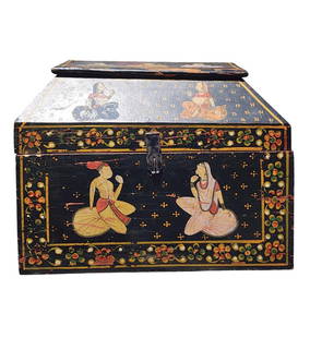 Antique Polychromed Painted Anglo Indian Box / Small Trunk 19th C: Antique Polychromed Painted Anglo Indian Box / Small Trunk 19th C. Measure 12 1/4" X 15 3/4" X 9.5". Provenance: Single Private Estate Florida. Please copy and paste the URL link below to re