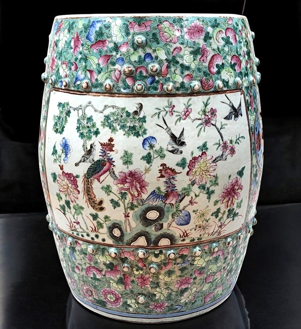 Antique Chinese Famille Rose Garden Seat 19th Century Qing Dynasty: Antique Chinese Famille Rose Garden Seat 19th Century Qing Dynasty. measure Approx. 18.5" X 14.5". Provenance: Cental Florida Collectors Estate whom had lived in Japan for many years. Purchased 7-14-1