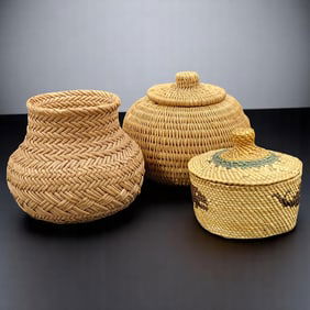 A Trio Of Indigenous Miniature Woven Baskets: Creek, Yup'ik Alaskan, & Nootka