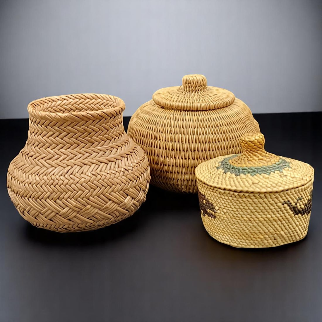 A Trio Of Indigenous Miniature Woven Baskets: Creek, Yup'ik Alaskan, & Nootka (1 of 13)