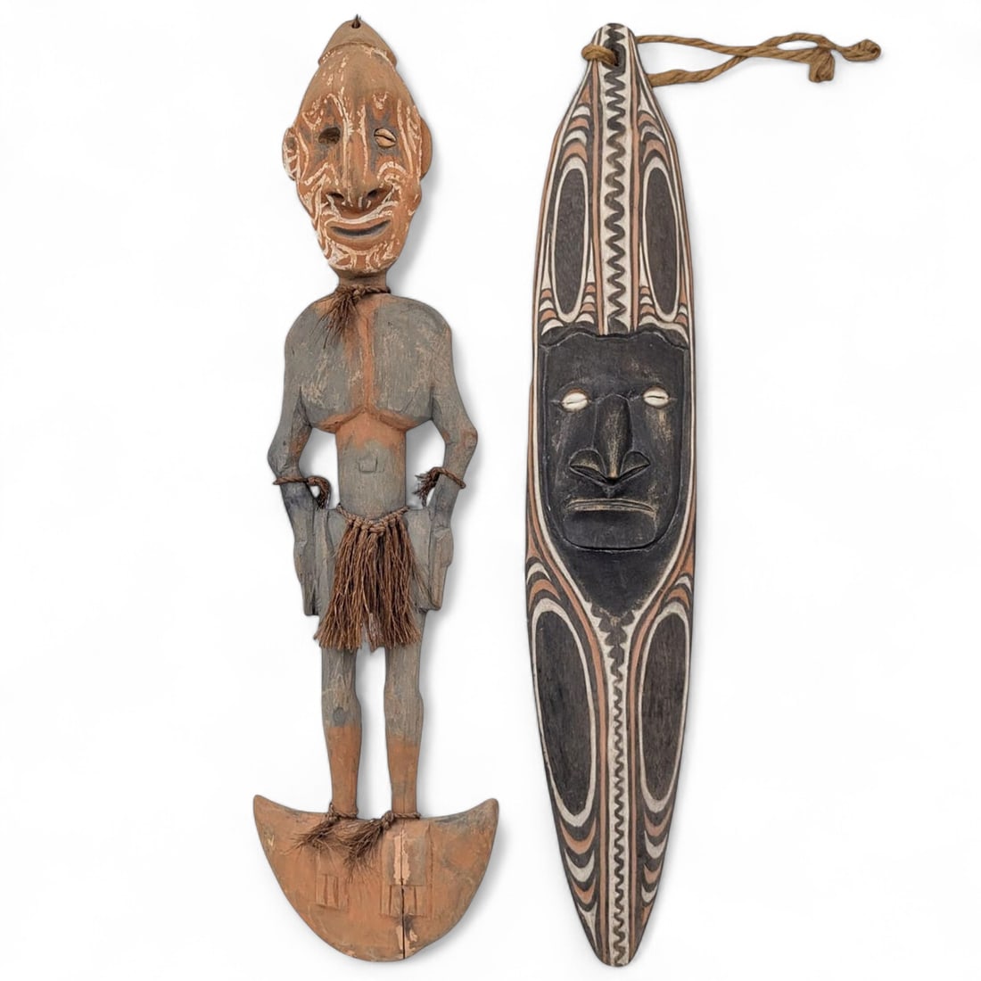 Pair Of  Vintage Papua New Guinean Tribal Carved Wood Sculptures, One Wall Mask And One Figure (1 of 15)